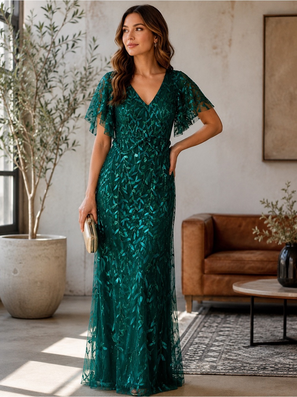 Ever-Pretty Plus Emerald Green Leaf-Sequined Tulle Formal Gown – 3XL (US 22/24)